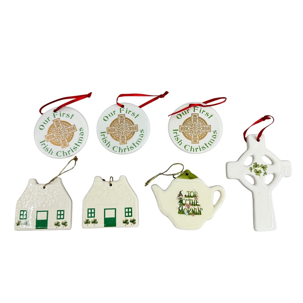 Lot of 7 Irish Ornaments Celtic Cross Shamrock House Teapot First Christmas